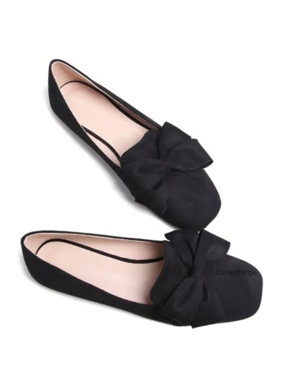 Faux Suede Square Toe Ballet Flats with Bows, Cushioned Latex Insole